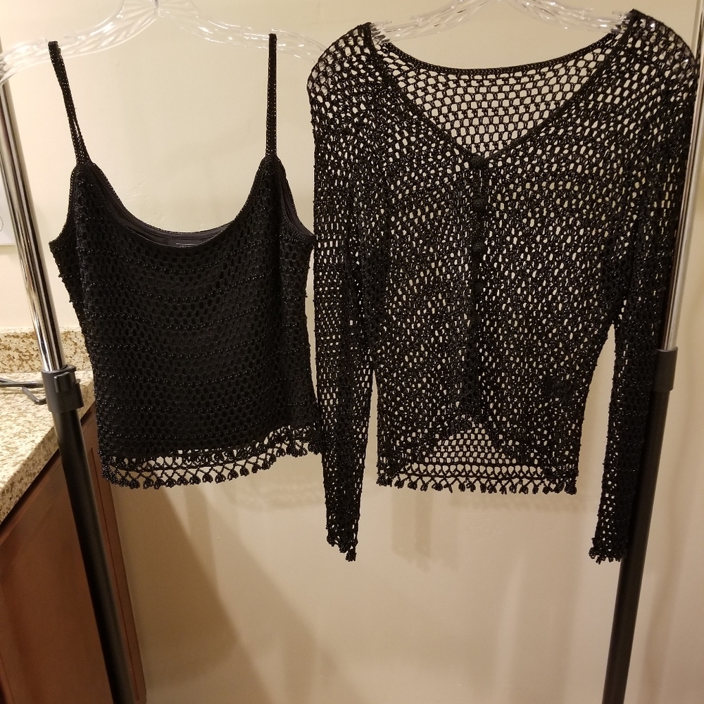 Carmen Marc Valvo Black Crochet Beaded Top and Camisole Set